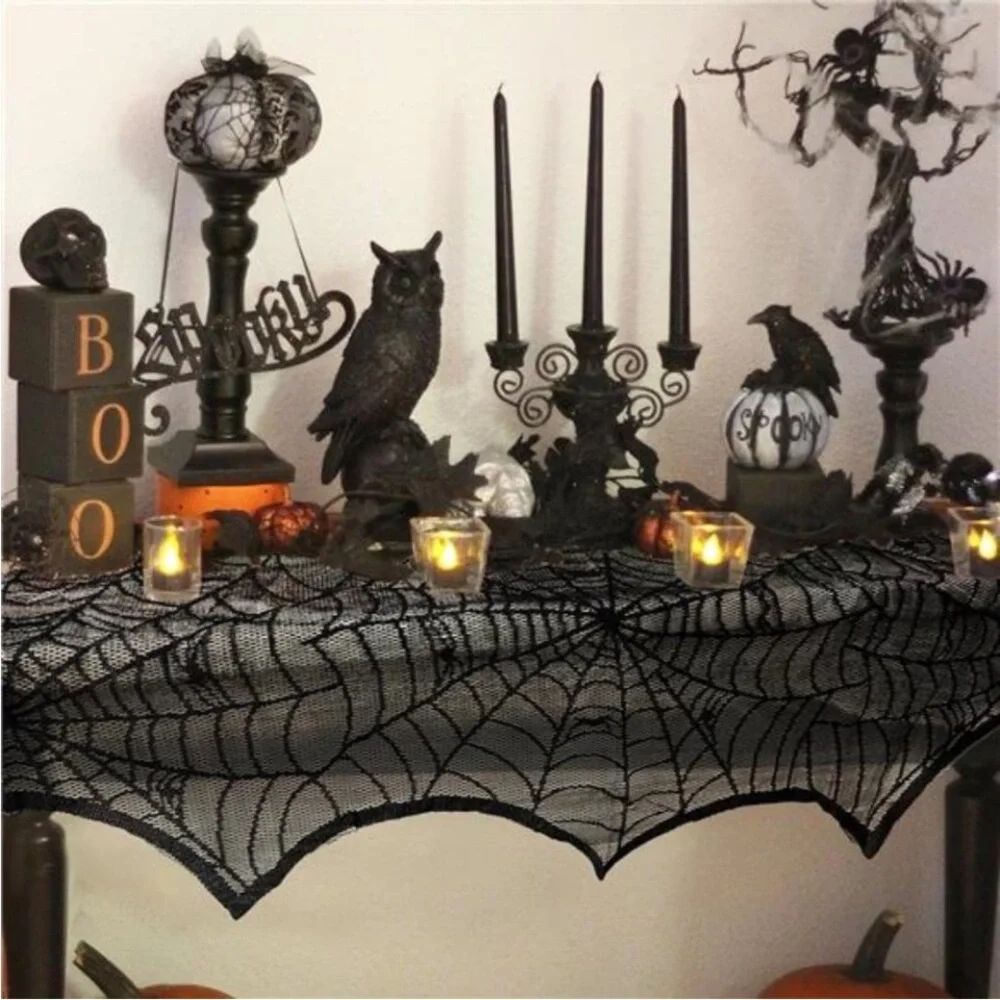Black Lace Spiderweb Mantle Scarf - Halloween Fireplace Cover, 45 x 243cm